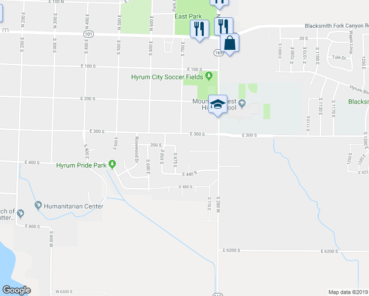 map of restaurants, bars, coffee shops, grocery stores, and more near 705 Canyon View Drive in Hyrum