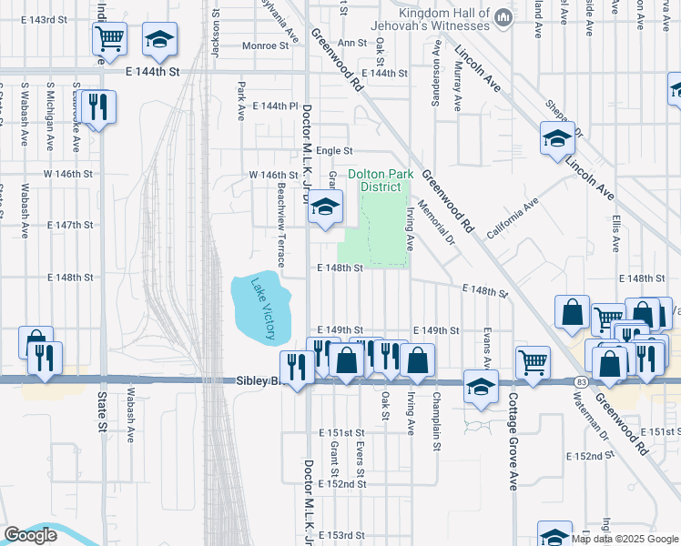 map of restaurants, bars, coffee shops, grocery stores, and more near 14745 Grant Street in Dolton