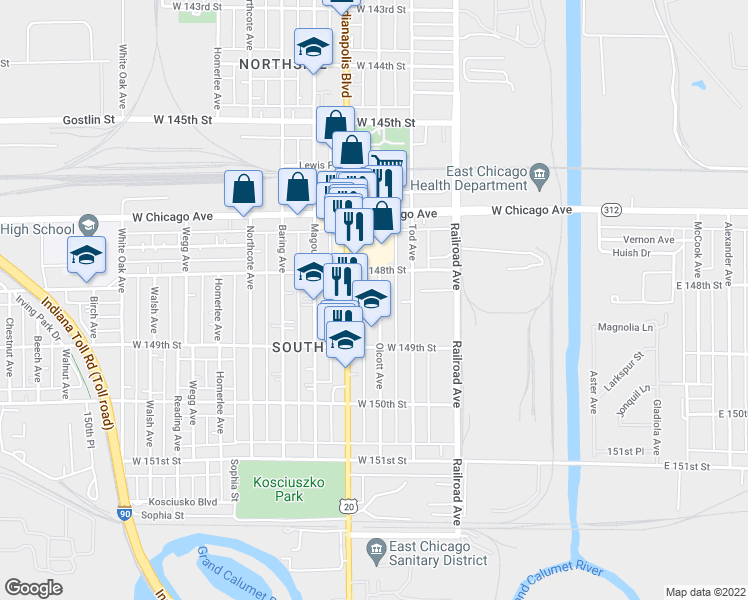 map of restaurants, bars, coffee shops, grocery stores, and more near 4826 Olcott Avenue in East Chicago