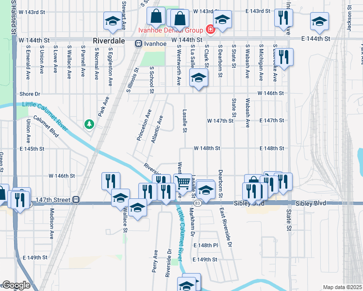 map of restaurants, bars, coffee shops, grocery stores, and more near 14744 La Salle Street in Dolton
