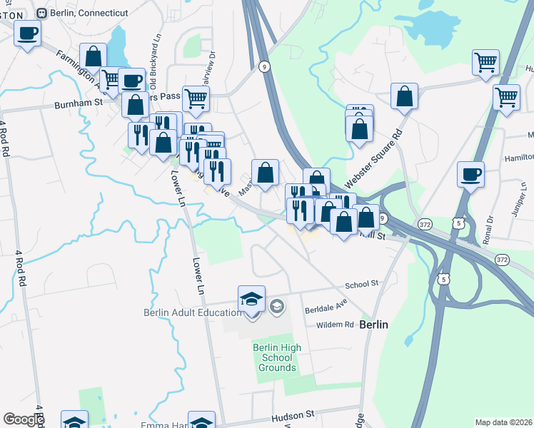 map of restaurants, bars, coffee shops, grocery stores, and more near 30 Mill Street in Berlin