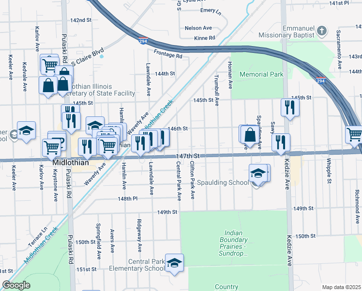 map of restaurants, bars, coffee shops, grocery stores, and more near 14637 Central Park Avenue in Midlothian