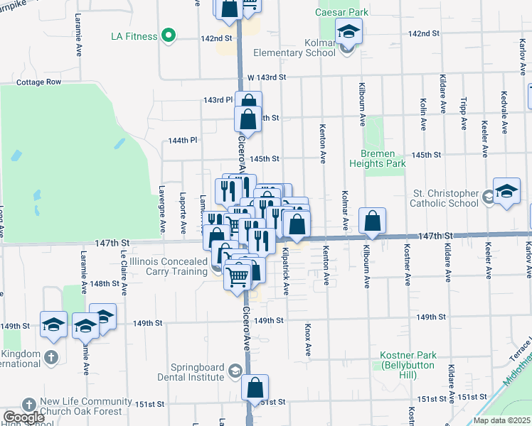 map of restaurants, bars, coffee shops, grocery stores, and more near 42 Lorel Avenue in Midlothian