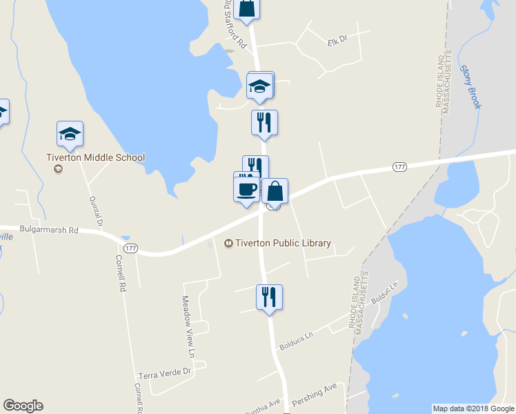 map of restaurants, bars, coffee shops, grocery stores, and more near 31 Crandall Road in Tiverton