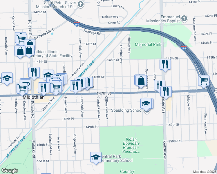 map of restaurants, bars, coffee shops, grocery stores, and more near 14635 Clifton Park Avenue in Midlothian