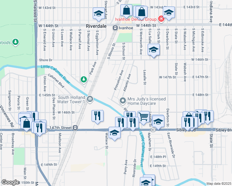 map of restaurants, bars, coffee shops, grocery stores, and more near 14745 Princeton Avenue in Dolton