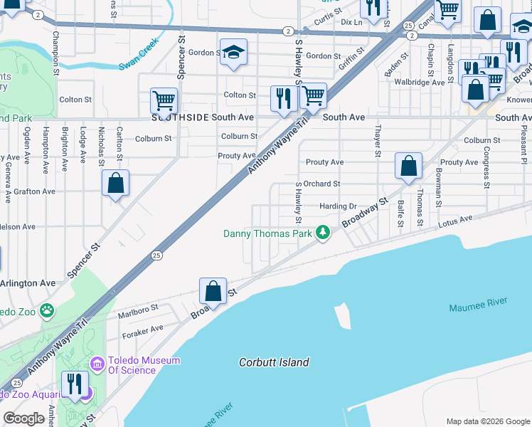 map of restaurants, bars, coffee shops, grocery stores, and more near 712 Lorain Street in Toledo