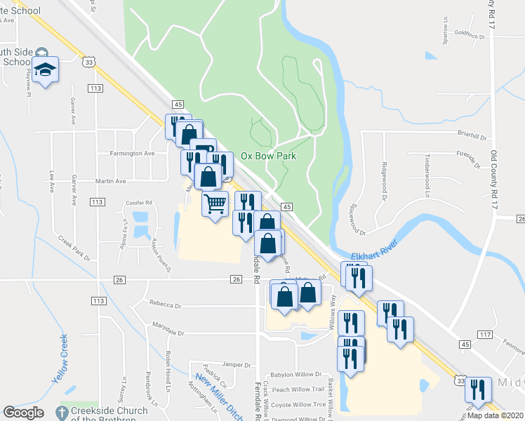 map of restaurants, bars, coffee shops, grocery stores, and more near 4534 Lincolnway West in Elkhart