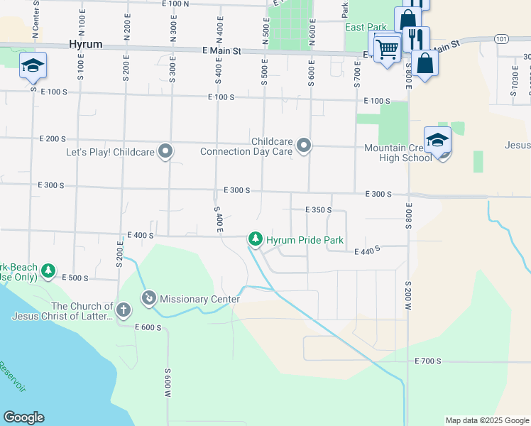 map of restaurants, bars, coffee shops, grocery stores, and more near 361 South 500 East in Hyrum