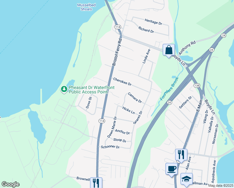 map of restaurants, bars, coffee shops, grocery stores, and more near 34 Mello Terrace in Portsmouth