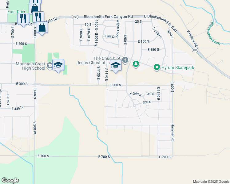 map of restaurants, bars, coffee shops, grocery stores, and more near 342 South 1250 East in Hyrum