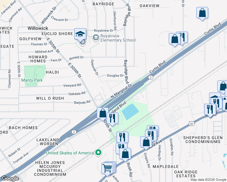 map of restaurants, bars, coffee shops, grocery stores, and more near 31600 North Marginal Drive in Willowick