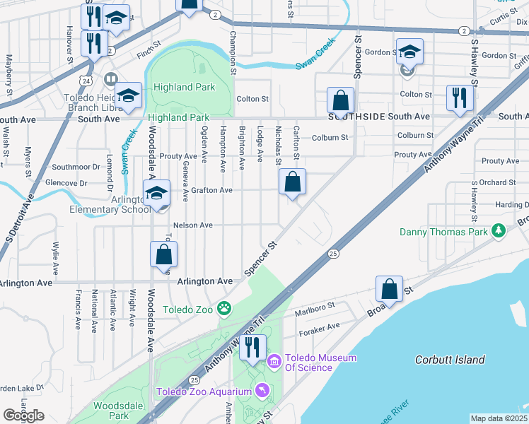 map of restaurants, bars, coffee shops, grocery stores, and more near 735 Lodge Avenue in Toledo