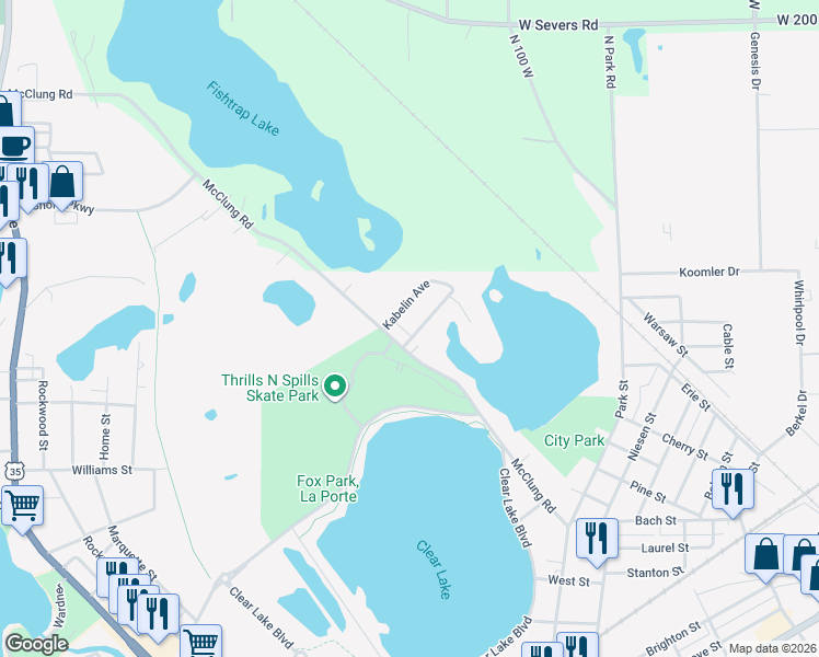 map of restaurants, bars, coffee shops, grocery stores, and more near 134 Seymour Avenue in La Porte