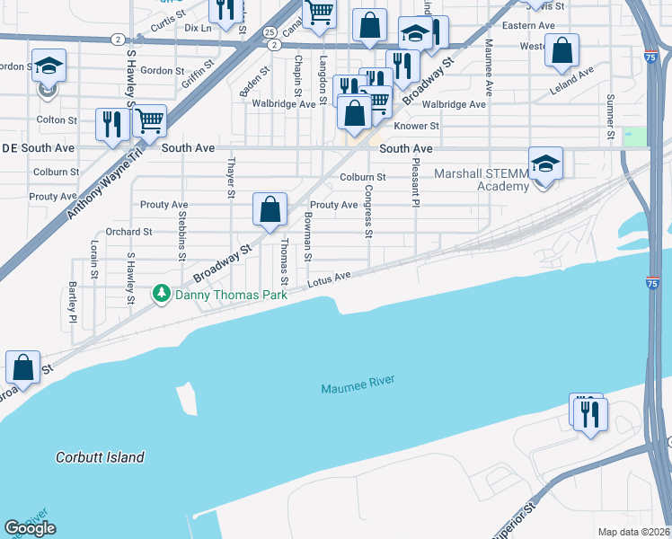map of restaurants, bars, coffee shops, grocery stores, and more near 739 Redwood Ave in Toledo