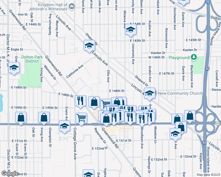map of restaurants, bars, coffee shops, grocery stores, and more near 14745 Ellis Avenue in Dolton
