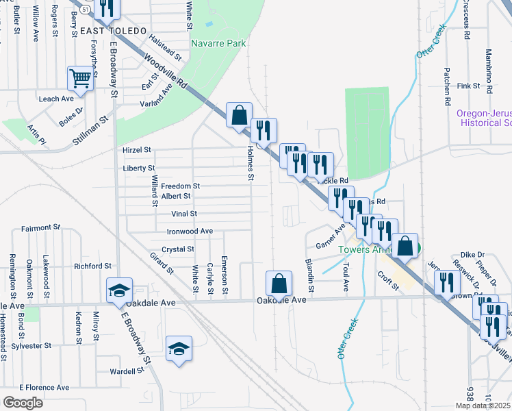 map of restaurants, bars, coffee shops, grocery stores, and more near 1355 Holmes Street in Toledo