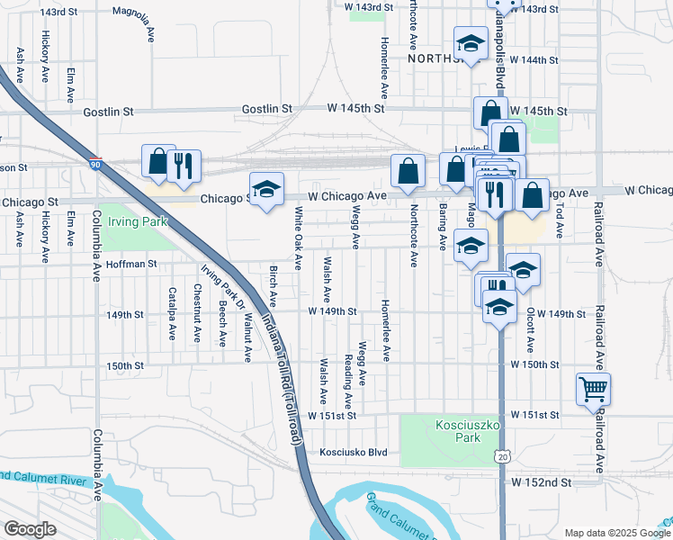 map of restaurants, bars, coffee shops, grocery stores, and more near 4819 Walsh Ave in East Chicago