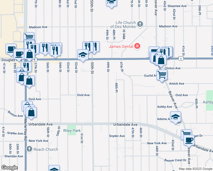 map of restaurants, bars, coffee shops, grocery stores, and more near 3416 49th Street in Des Moines