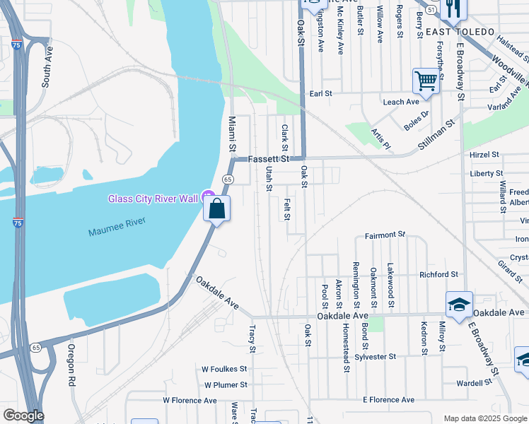 map of restaurants, bars, coffee shops, grocery stores, and more near 1340 Utah Street in Toledo