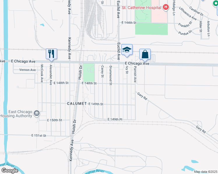 map of restaurants, bars, coffee shops, grocery stores, and more near 4810 Drummond Street in East Chicago