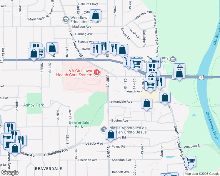 map of restaurants, bars, coffee shops, grocery stores, and more near 3413 30th Street in Des Moines