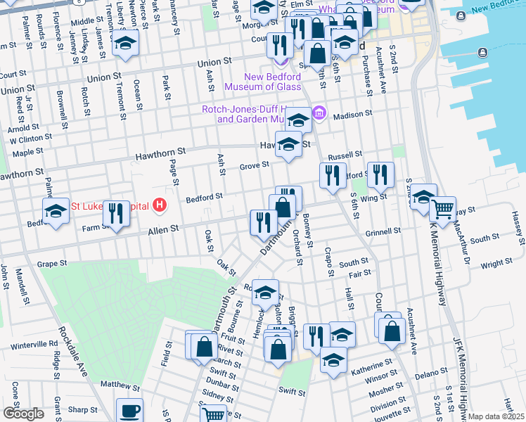 map of restaurants, bars, coffee shops, grocery stores, and more near 35 Cottage Street in New Bedford