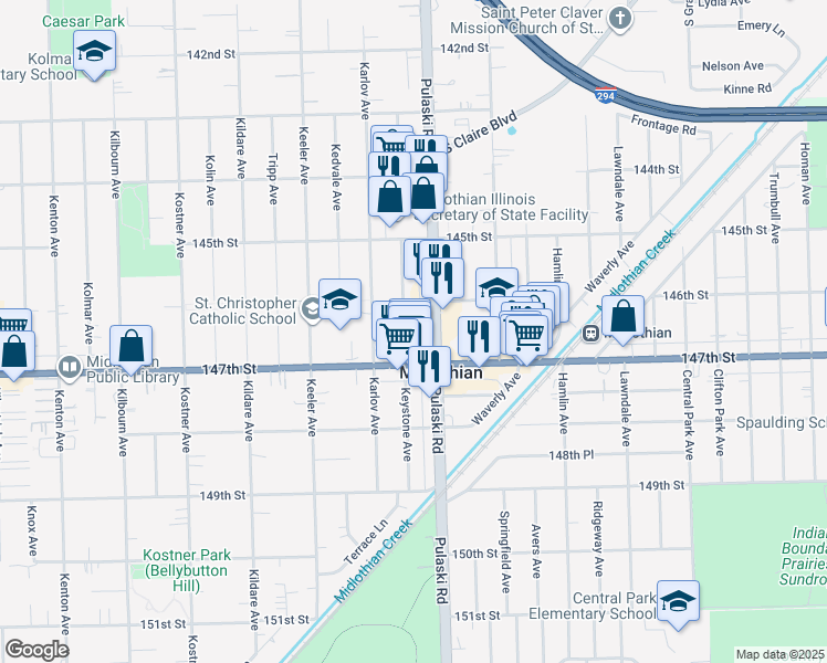 map of restaurants, bars, coffee shops, grocery stores, and more near 14633 Keystone Avenue in Midlothian