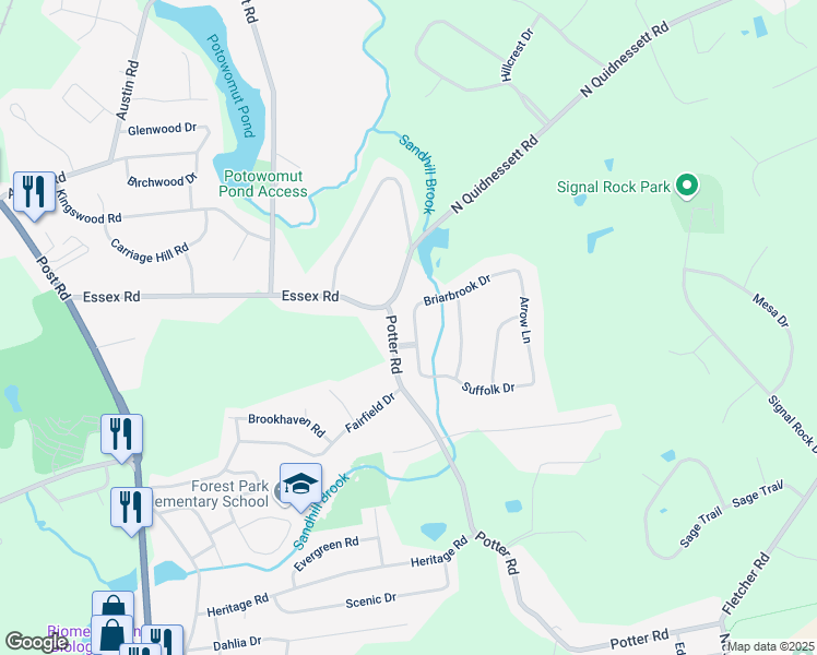 map of restaurants, bars, coffee shops, grocery stores, and more near 94 Briarbrook Drive in North Kingstown