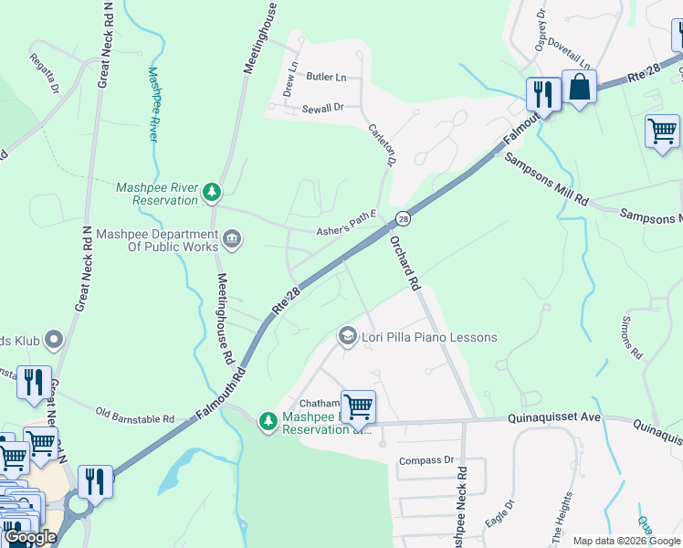 map of restaurants, bars, coffee shops, grocery stores, and more near 299 Falmouth Road in Mashpee