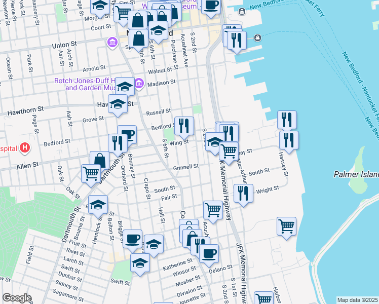 map of restaurants, bars, coffee shops, grocery stores, and more near 329 Purchase Street in New Bedford