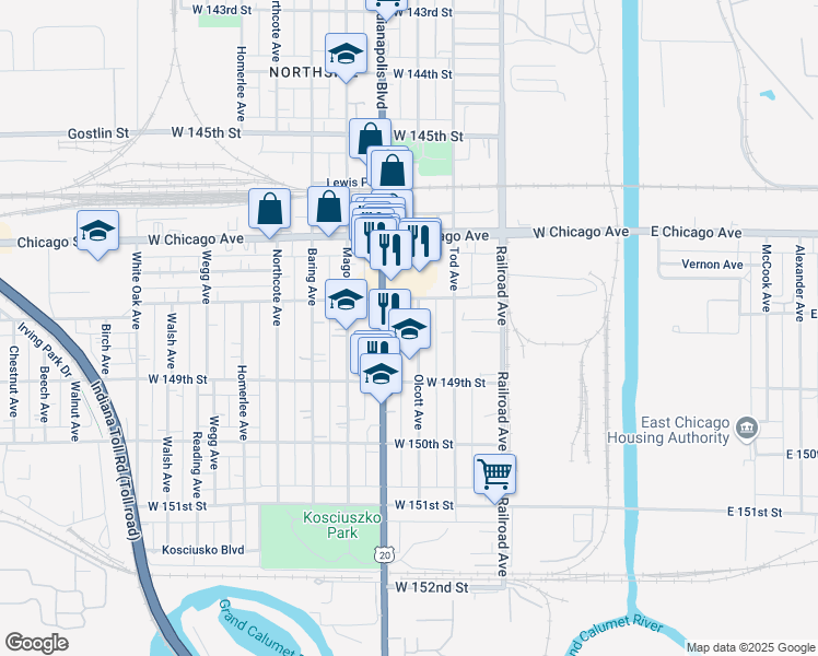 map of restaurants, bars, coffee shops, grocery stores, and more near 4822 Olcott Avenue in East Chicago