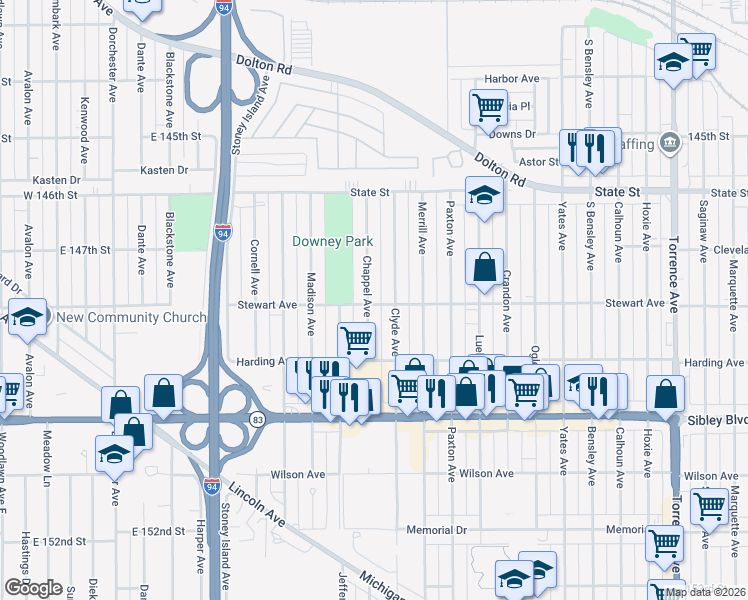 map of restaurants, bars, coffee shops, grocery stores, and more near 364 Clyde Avenue in Calumet City