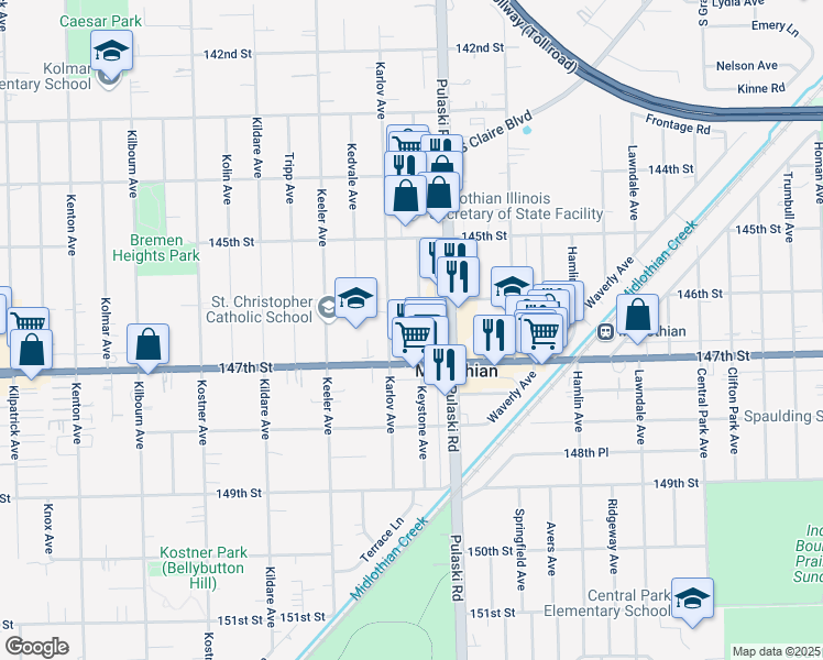 map of restaurants, bars, coffee shops, grocery stores, and more near 14629 Karlov Avenue in Midlothian