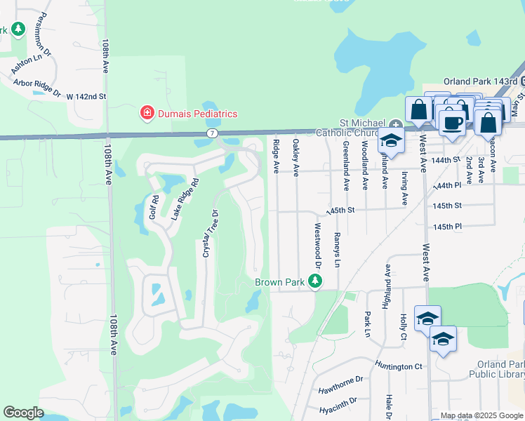 map of restaurants, bars, coffee shops, grocery stores, and more near 10405 Lismore Court in Orland Park
