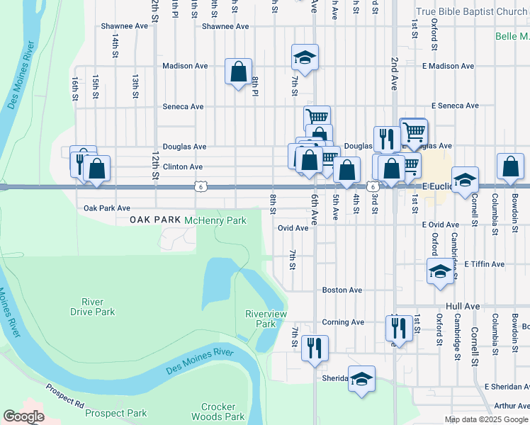 map of restaurants, bars, coffee shops, grocery stores, and more near 829 Oak Park Avenue in Des Moines