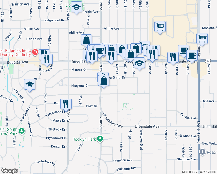 map of restaurants, bars, coffee shops, grocery stores, and more near 6900 Maryland Drive in Urbandale