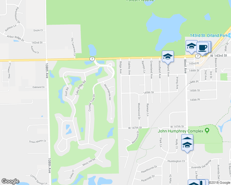 map of restaurants, bars, coffee shops, grocery stores, and more near 10405 Lismore Court in Orland Park
