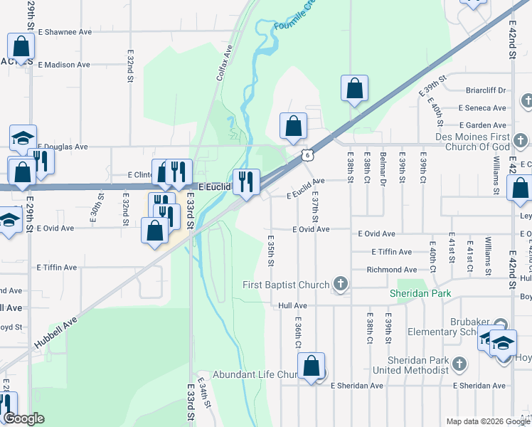 map of restaurants, bars, coffee shops, grocery stores, and more near 3416 East 35th Street in Des Moines