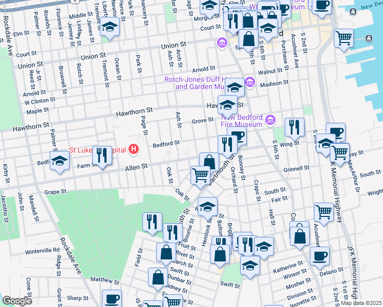 map of restaurants, bars, coffee shops, grocery stores, and more near 62 Ward Street in New Bedford