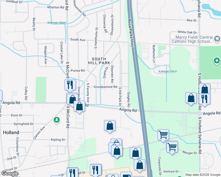 map of restaurants, bars, coffee shops, grocery stores, and more near 804 Olyander Road in Holland