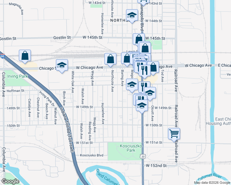 map of restaurants, bars, coffee shops, grocery stores, and more near 4821 Northcote Avenue in East Chicago
