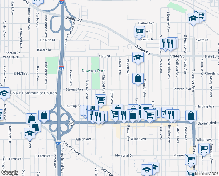 map of restaurants, bars, coffee shops, grocery stores, and more near 364 Clyde Ave in Calumet City