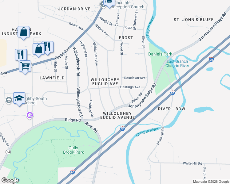 map of restaurants, bars, coffee shops, grocery stores, and more near 4872 Oakdale Avenue in Willoughby
