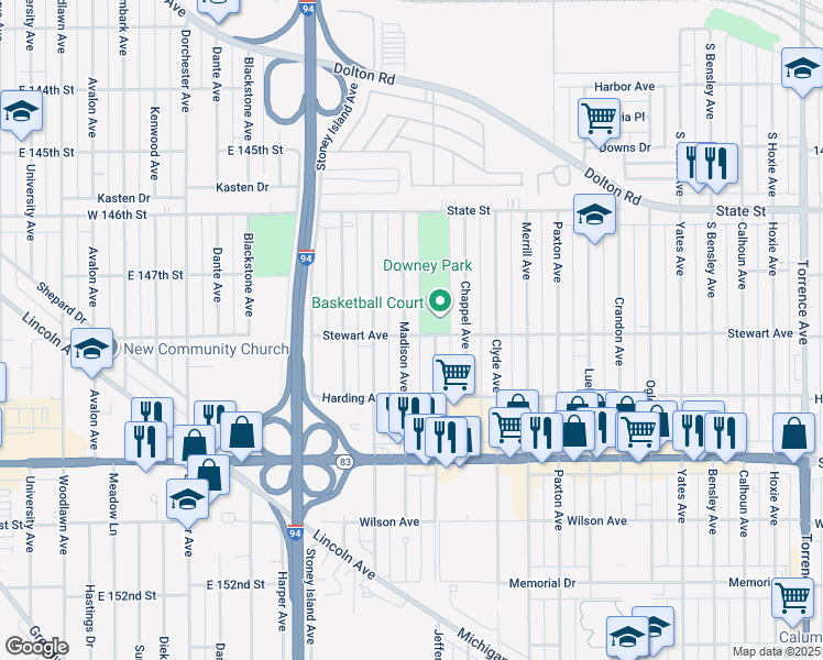 map of restaurants, bars, coffee shops, grocery stores, and more near 363 Madison Avenue in Calumet City