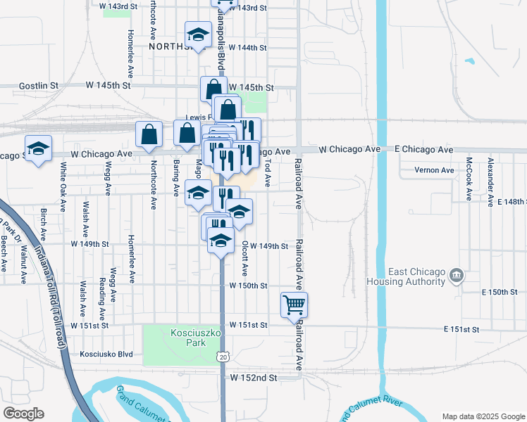 map of restaurants, bars, coffee shops, grocery stores, and more near 4824 Tod Avenue in East Chicago