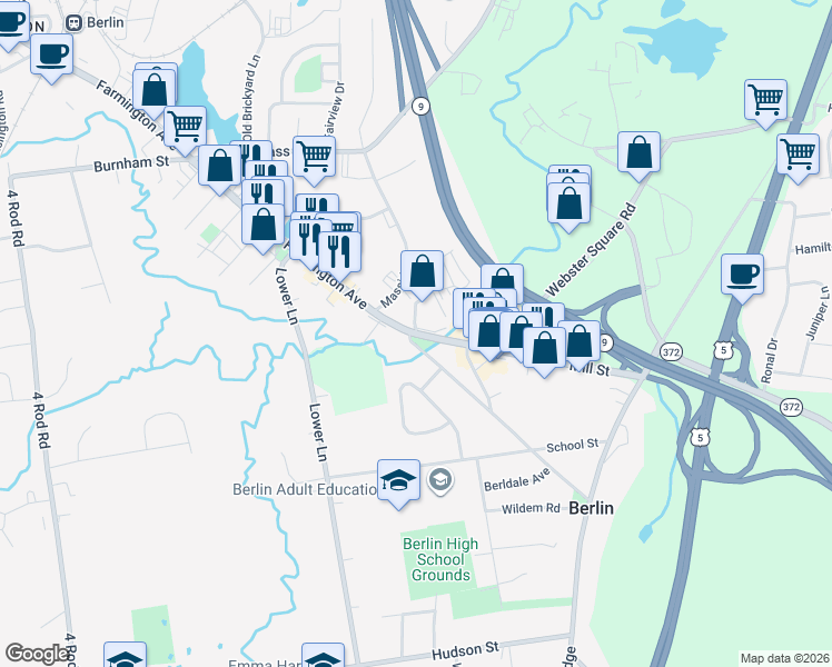 map of restaurants, bars, coffee shops, grocery stores, and more near 17 Mill Street in Berlin