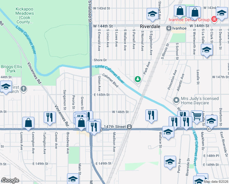 map of restaurants, bars, coffee shops, grocery stores, and more near 384 Calumet Boulevard in Harvey