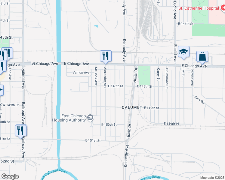 map of restaurants, bars, coffee shops, grocery stores, and more near 4802 Melville Avenue in East Chicago