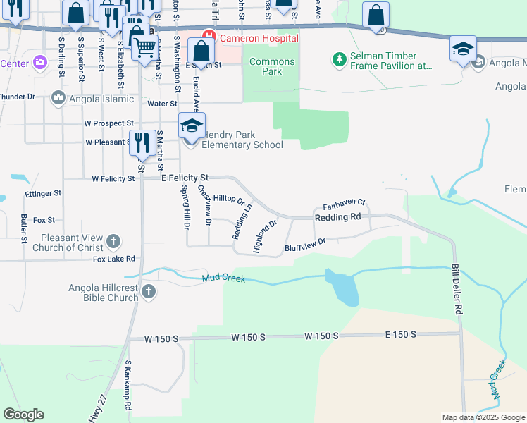 map of restaurants, bars, coffee shops, grocery stores, and more near 602 Redding Road in Angola